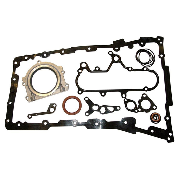 Britpart Engine Bottom Gasket Set for Discovery 2 Td5, automotive engine gasket components including seals and gaskets laid out on a flat surface.