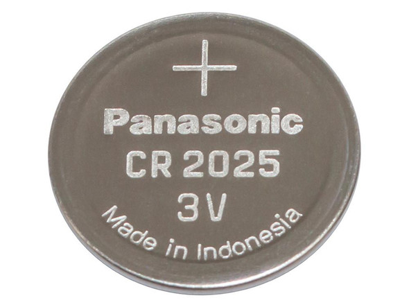 Direct Replacement CR2025 Remote Key Fob Battery, close-up of a silver battery with printed specifications and brand name.