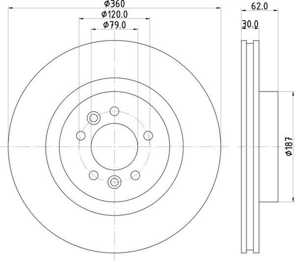 BRITPARTXS Front Vented Brake Discs - Exact OEM Specification for Discovery 5, technical drawing of a brake disc with detailed measurements and dimensions. BRITPARTXS Front Vented Brake Discs - Exact OEM Specification for Discovery 5, technical drawing of a brake disc with detailed measurements and dimensions.