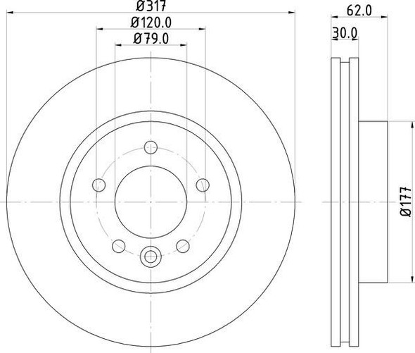 BRITPARTXS Front Brake Disc for Discovery 3/4 and Range Rover Sport, technical drawing with detailed measurements and specifications.