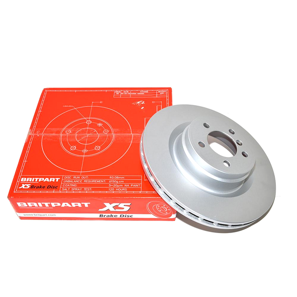 BRITPARTXS Front Vented Brake Discs - Exact OEM Specification for Range Rover L322 4.2/5.0 V8 3.6 TDV8, silver vented brake disc placed next to the red packaging box with white text.