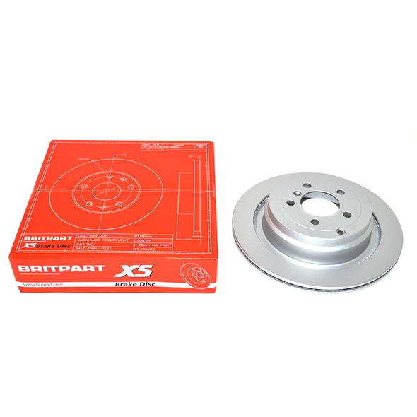 BRITPARTXS Rear Vented Brake Discs - Exact OEM Specification for Range Rover L322 3.0TD6 4.0 V8 3.6 TDV8, image of a silver rear vented brake disc with a red packaging box placed beside it.