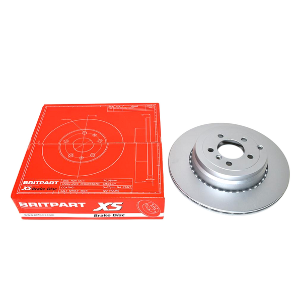 BRITPARTXS Rear Vented Brake Discs, exact OEM specification for Range Rover L322 4.4 TDV8 5.0 V8, with red packaging and silver brake disc.