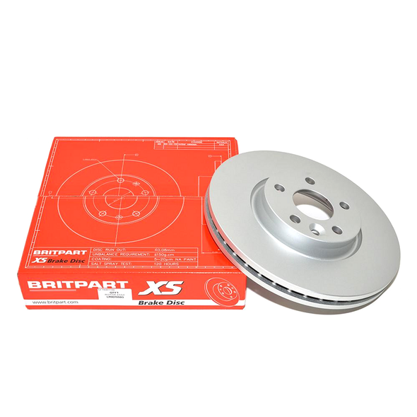 BRITPARTXS Front Brake Disc for Freelander 2, OEM LR007055, silver-coloured brake disc with mounting holes next to red packaging box with technical specifications.