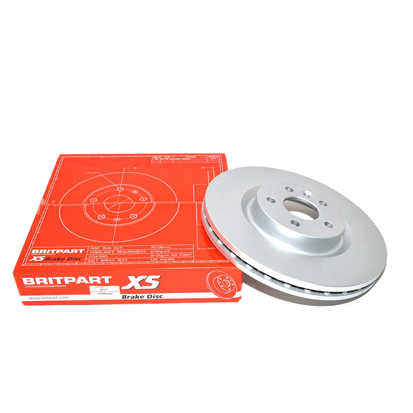 BRITPARTXS Front Vented Brake Discs - Exact OEM Specification for Discovery Sport, silver vented brake disc with mounting holes beside red packaging box.
