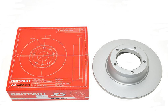 BRITPARTXS Front Solid Brake Discs, OEM specification for Defender, next to the product packaging.