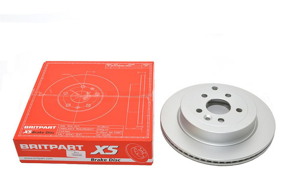 BRITPARTXS Rear Brake Disc set for Freelander 2, image showing the brake disc and packaging box with technical specifications.