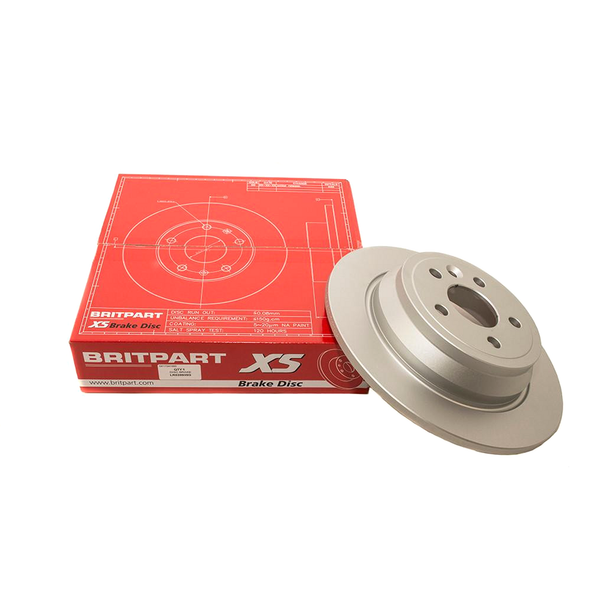 BRITPARTXS Rear Solid Brake Discs - Exact OEM Specification for Freelander 2, a close-up of the grey brake disc placed next to its red packaging box with technical details.
