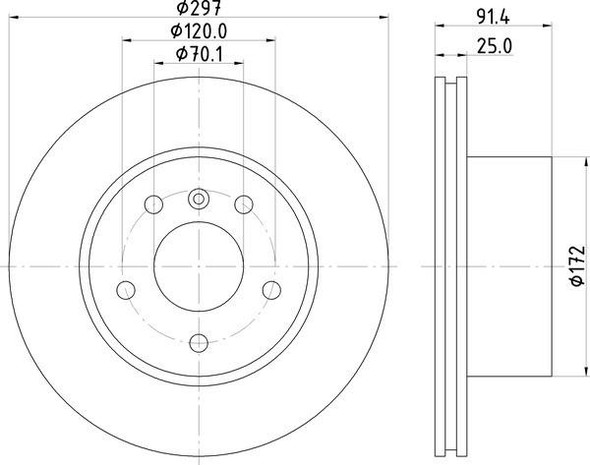 BRITPARTXS Front Brake Disc for Discovery 2, technical drawing showing measurements and dimensions of the OEM brake disc.