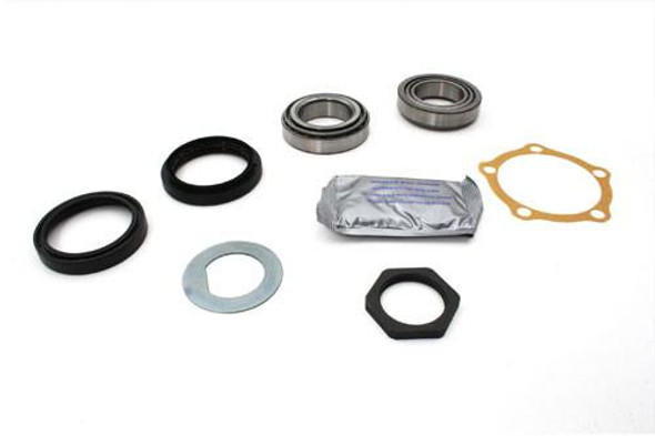 Direct Replacement Front Wheel Bearing Kit for Range Rover Classic - WBK2388, image of various wheel bearing components including bearings, seals, gasket, washer, and other parts arranged on a white background.