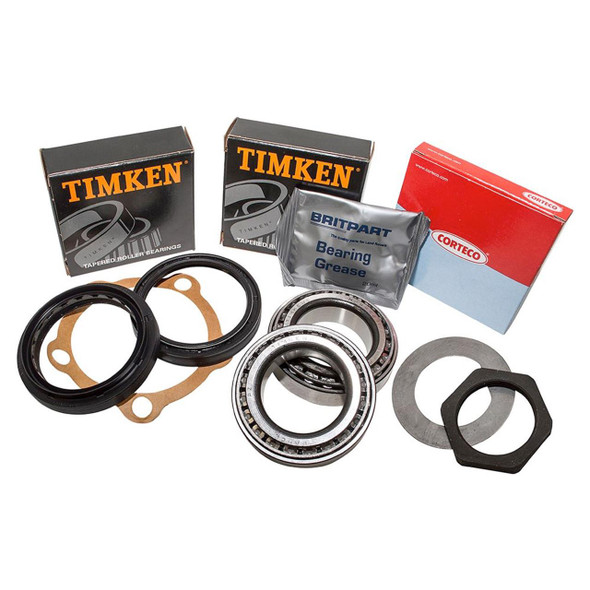 Product OEM Parts Front Wheel Bearing Kit for Range Rover Classic, including bearings, seals, grease, and installation hardware.