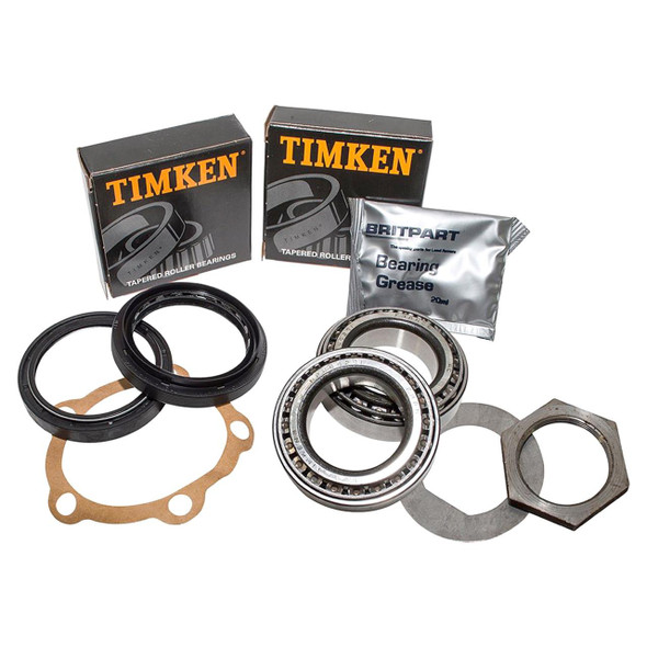 OEM Parts OEM Front Wheel Bearing Kit for Defender (1986-1993), with bearings, gaskets, grease, and installation accessories.