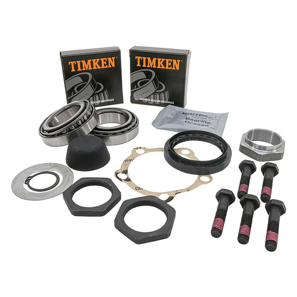 OEM Parts Front and Rear Wheel Bearing Kit For Defender 90/110, image of bearing kit components including wheel bearings, seals, bolts, and gaskets with OEM packaging.