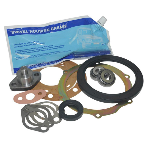 Britpart Swivel Kit without Housing for Discovery 1 & Range Rover, automotive repair parts including bearings, seals, gaskets, and grease in a blue packaging.