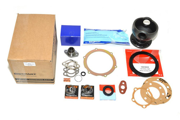 Product OEM Parts Swivel Housing Full Repair Kit OEM with ABS for Defender, showing various components including a black swivel housing, gaskets, seals, and hardware parts arranged on a white background for automotive repair.