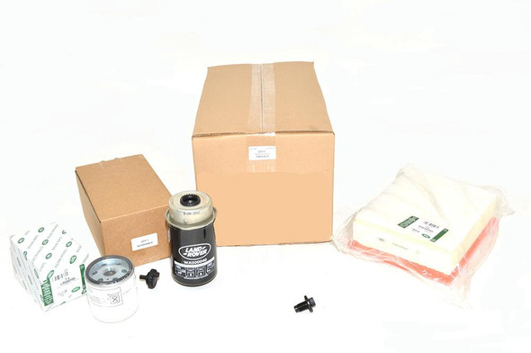 Genuine Land Rover Engine Service Filter Kit, image showing a set of engine filters and related parts for Defender 2.2 TDCi Puma 2012-2016, with packaging boxes and filter elements.