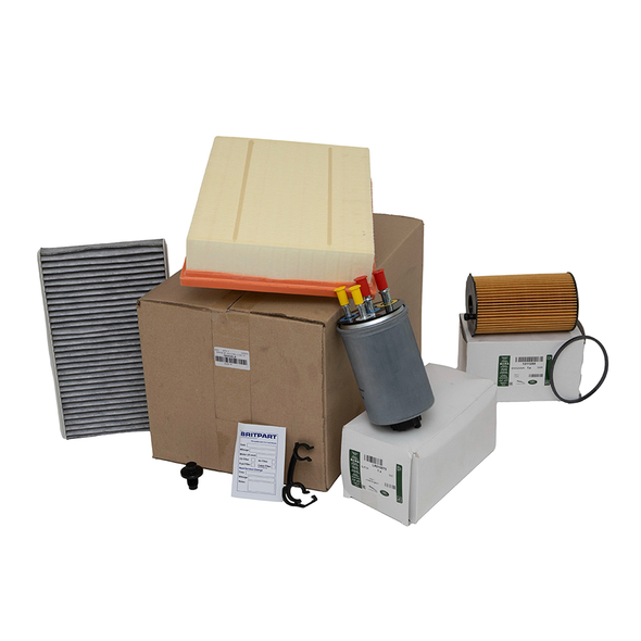 Genuine Land Rover Genuine Engine Service Filter Kit for Discovery 3 and Range Rover Sport 2.7 TdV6, DA6035LR, with various filters, including air, oil, and fuel filters, of different sizes and designs, all branded with Land Rover logo, arranged on a white background for engine maintenance.