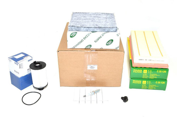 OEM Parts OEM Premium Engine Service Filter Kit for Range Rover Sport L494 3.0 V6 Petrol, includes filters, a fuel pump, and related components.