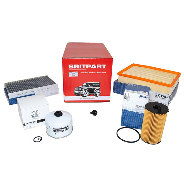 Product OEM Parts Service Filter Kit for Discovery 3 and Range Rover Sport 2007 Onwards, including air filters, oil filter, and washer fluid reservoir with packaging.