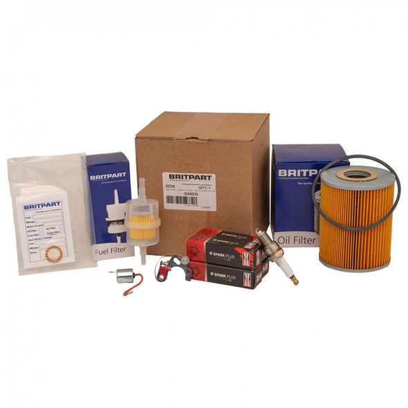 Britpart Engine Service Filter Kit Lucas Fixed Points for Series 2.25 Petrol from 1964, includes various filters, spark plug, ignition coil, and packaging. Britpart Engine Service Filter Kit Lucas Fixed Points for Series 2.25 Petrol from 1964, includes various filters, spark plug, ignition coil, and packaging.