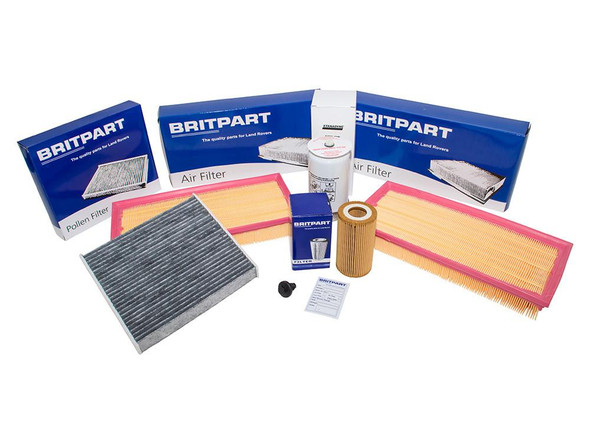 Britpart Service Kit for Range Rover and Range Rover Sport 4.4 Diesel - DA6096, image of various automotive filters and parts in packaging. Britpart Service Kit for Range Rover and Range Rover Sport 4.4 Diesel - DA6096, image of various automotive filters and parts in packaging.