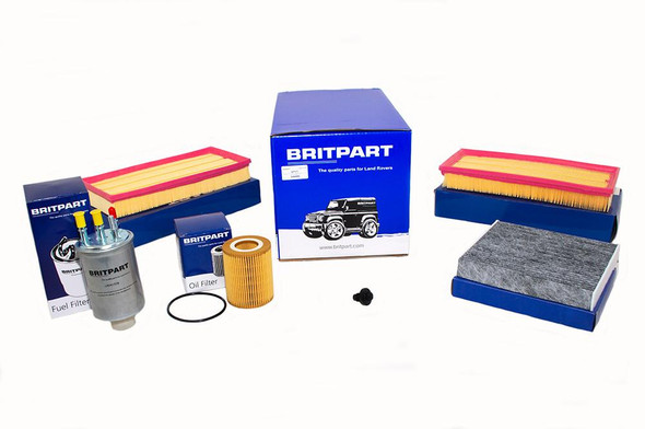 Britpart Service Kit for Range Rover Sport L494 2014-2022 & Range Rover L405 2013-2021 3.0L V6 Diesel, product image showing filters, oil filter, fuel filter, air filters, and vehicle parts in packaging.