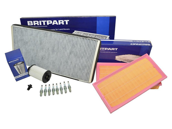 Britpart Filter Kit for Range Rover L322 5.0 V8 - DA6068, includes air filters, oil filter, spark plugs, and installation components.