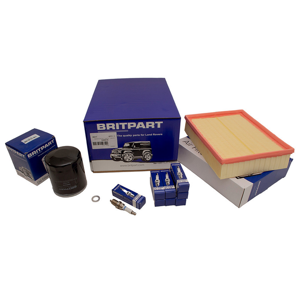 Britpart Engine Service Filter Kit for Discovery 2 V8 4.0, includes air filter, fuel filter, oil filter, and service accessories for Land Rover Discovery 2 V8 4.0.