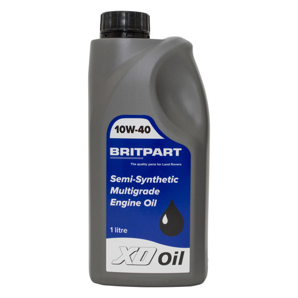 Britpart 10W-40 Semi-Synthetic Multi-Grade Engine Oil, 1 Litre bottle with a grey container and a black cap, featuring a blue label with white text and a black oil droplet icon.