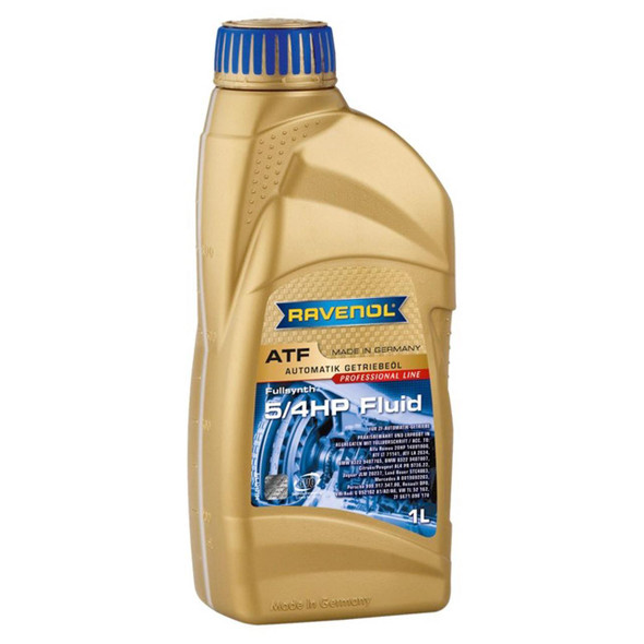 Ravenol 1L ATF 4HP and 5HP Automatic Transmission Fluid - STC4863, gold-coloured bottle with blue cap and label showing product details and compatibility with 4HP and 5HP transmissions. Ravenol 1L ATF 4HP and 5HP Automatic Transmission Fluid - STC4863, gold-coloured bottle with blue cap and label showing product details and compatibility with 4HP and 5HP transmissions.