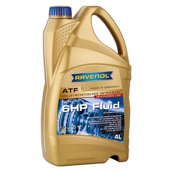 Ravenol ATF 6HP Fluid Transmission Oil, 4 Litre, golden-coloured plastic bottle with blue cap and detailed label for automatic transmission systems.