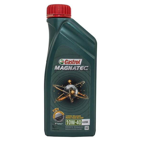 Castrol Magnatec 10w-40 1 Litre - DA1430, green plastic bottle with red cap and label showing product details and logo.