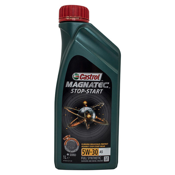 Castrol Magnatec A5 Engine Oil 1L 5W 30 - WSS-M2C934-B, a 1-liter bottle of fully synthetic motor oil with a red cap and label featuring a metallic atom and planetary design.