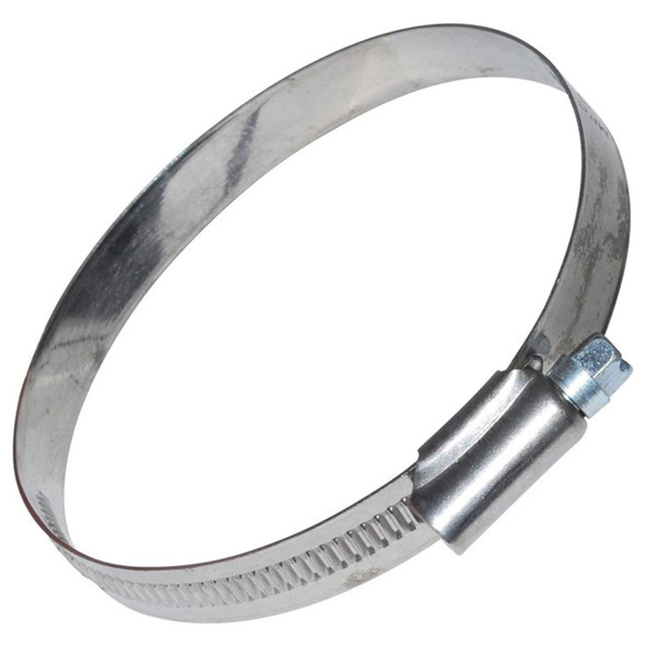 Britpart Air Intake Hose Clip for Defender - CN100909, close-up of a metal hose clamp with a screw mechanism for securing an air intake hose. Britpart Air Intake Hose Clip for Defender - CN100909, close-up of a metal hose clamp with a screw mechanism for securing an air intake hose.