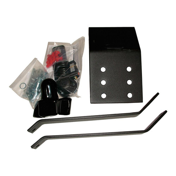 Britpart Land Rover Range Rover Classic Tow Bar Kit, black painted tow bar mounting plate with various hardware and fixtures, two metal towing arms, and a black tow hook.