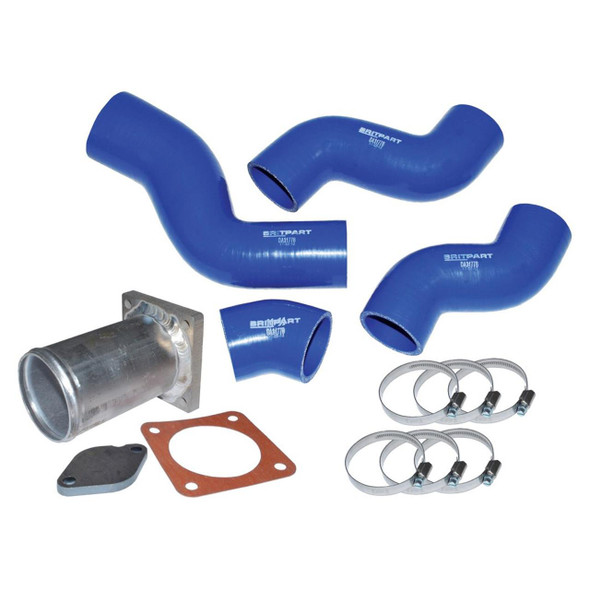 Britpart EGR Blanking & Silicone Hose Kit for Discovery 2, blue silicone hoses, metal pipe, gasket, and hose clamps for engine ventilation system modification.