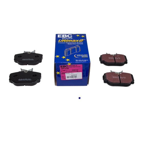 EBC Brakes Rear Brake Pads EBC Ultimax for Discovery 2, image showing the brake pads with brake-in coating and packaging box.