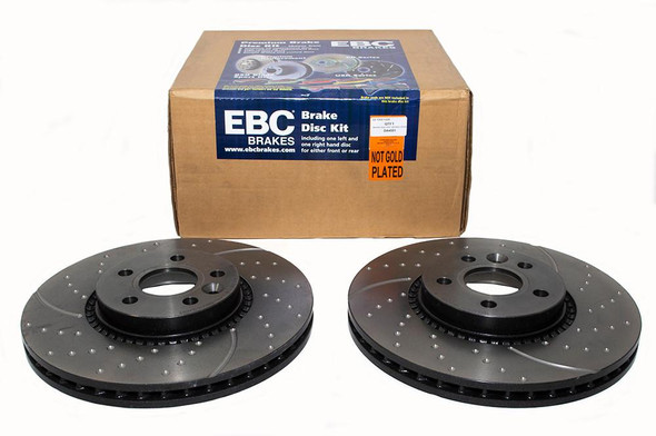 EBC Brakes EBC Performance Front Brake Discs for Freelander 2 - LR027107, set of two drilled brake discs with packaging box.