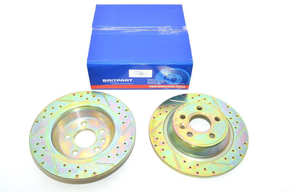 Britpart Range Rover Evoque Rear Solid Brake Discs Drilled and Grooved Performance Upgrade, performance brake discs for Range Rover Evoque featuring drilled and grooved design.