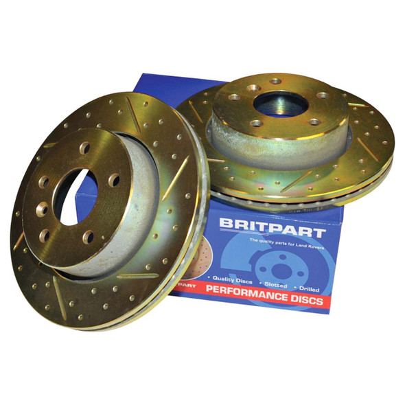 Britpart Performance Rear Brake Disc Set for Range Rover L322, image showing two metallic performance brake discs with drilled holes and slotted design, placed on a Britpart branded box.