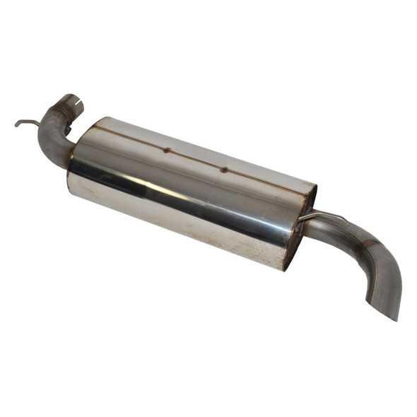 Britpart Stainless Steel Rear Silencer for Freelander 1, image of a shiny stainless steel car exhaust muffler with curved pipes on each end.