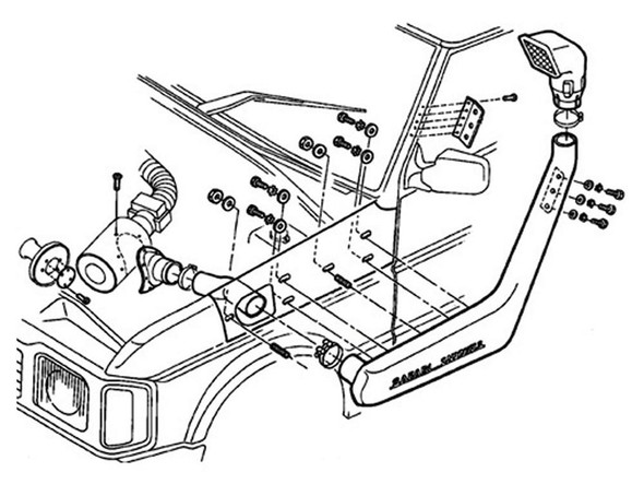 Safari Raised Air Intake Snorkel Kit for Discovery 1 V8, 1990-1994, Left Hand Side Fitment, illustration of snorkel installation on vehicle.