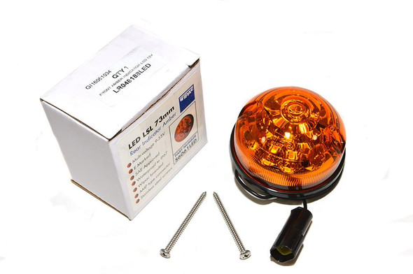 WIPAC Wipac LED Front Indicator for Defender - LR048188, orange LED indicator light with mounting screws and electrical connector, in packaging box.
