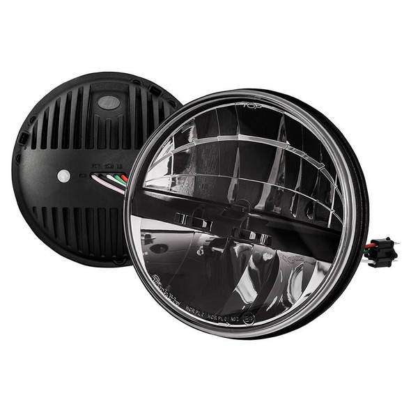 TRUCKLITE Trucklite 7" LED Headlamps Pair Left Hand Drive for Defender, front view of the round LED headlamps with clear lenses and black housing.