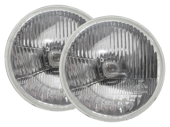 Britpart Halogen Headlight Conversion Kit for Series, Defender & Range Rover Classic, clear round headlight lenses with reflective inner surface for improved visibility. Britpart Halogen Headlight Conversion Kit for Series, Defender & Range Rover Classic, clear round headlight lenses with reflective inner surface for improved visibility.