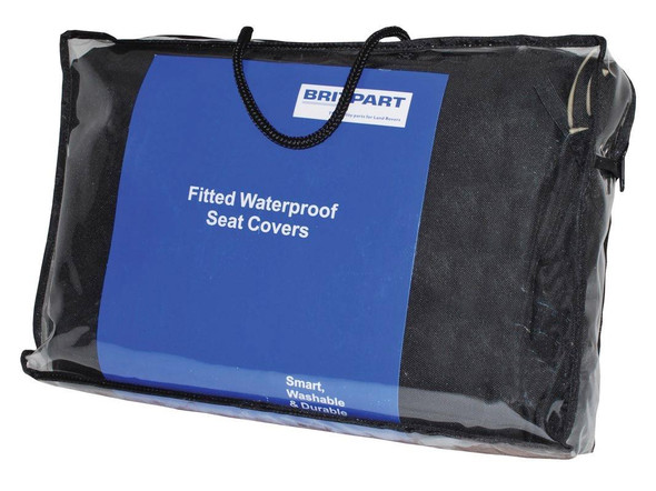 Britpart Front Waterproof Black Seat Covers Up to 2007 - 3 Seats for Defender, packaged in a clear plastic bag with blue label.