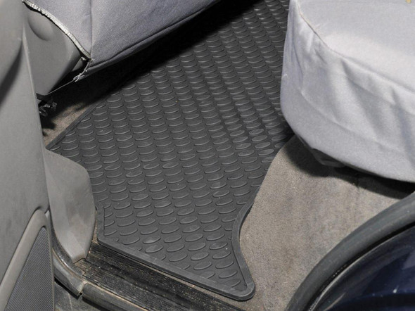 Britpart Rear Rubber Floor Mat Set Black Right Hand Drive / Left Hand Drive for Discovery 2, black rubber floor mats installed in vehicle interior.