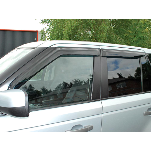 Britpart 4 Piece Window Wind Deflector Set for Range Rover Sport L320, installed on vehicle windows for wind and noise reduction.