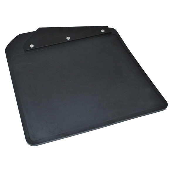 Britpart Front Left-Hand Mudflap for Defender, black rubber mudflap with metal mounting brackets for vehicle protection.