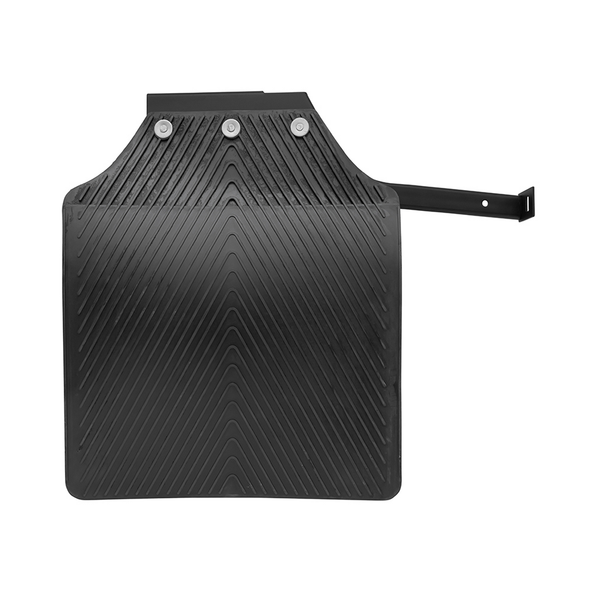 Britpart Rear Right Mudflap with Bracket for Defender 110/130 1986-2016, black rubber mudflap with mounting bracket and diagonal grooves for protection.